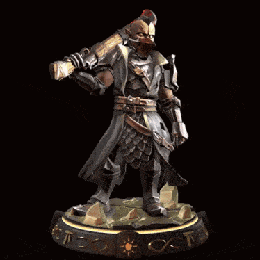 a statue of a man in armor holding a gun with the word infinity on the base