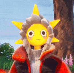 a cartoon character with a sun on his head and a hood