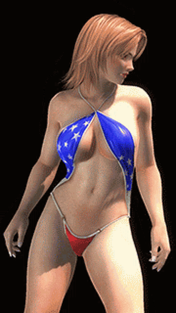 a woman in a red white and blue bikini is standing on a black background