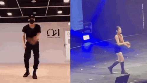 a man and a woman are dancing on a stage . the man is wearing a mask .