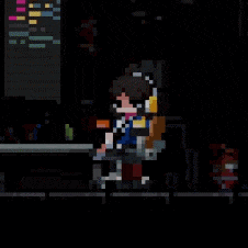 a pixel art of a person wearing headphones and a backpack