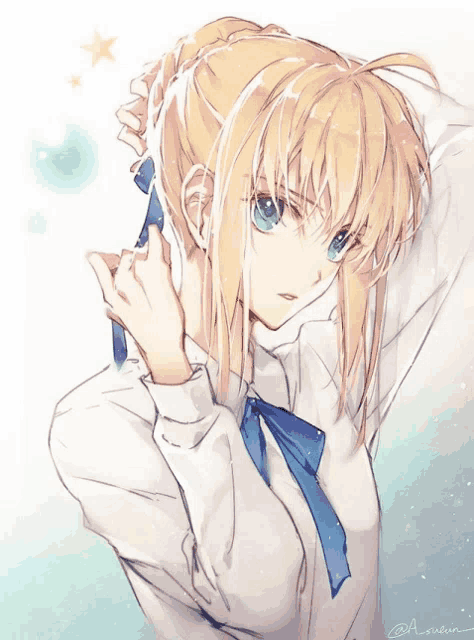 a drawing of a blonde anime girl with blue eyes and a blue bow tie