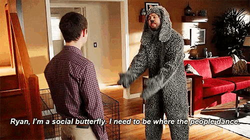 a man in a dog costume says ryan i 'm a social butterfly