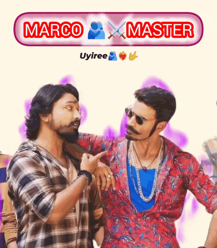 a poster for marco x master shows two men talking to each other