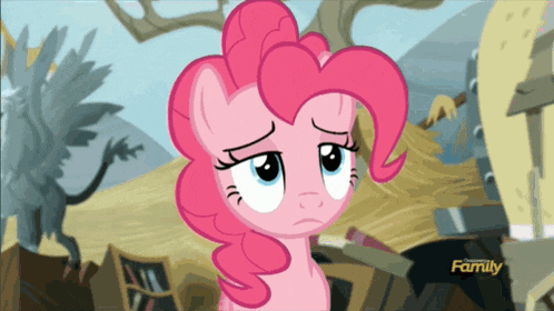 a pink pony with a sad look on her face is on a screen with the words family