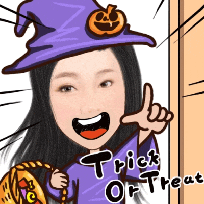 a cartoon drawing of a woman wearing a witch hat with a pumpkin on it says trick or treat