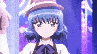 a girl with blue hair is wearing a hat and bow tie