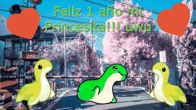 a cartoon of a frog with the words feliz 1 ano mi princesita !!! uwu