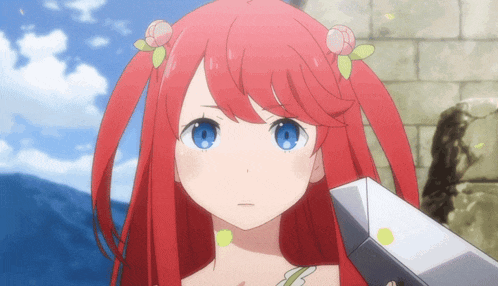 a girl with red hair and blue eyes holds a box