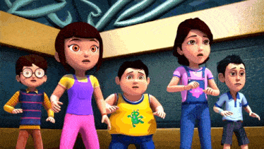 a group of cartoon characters are standing next to each other and one of them has a yellow shirt with a frog on it