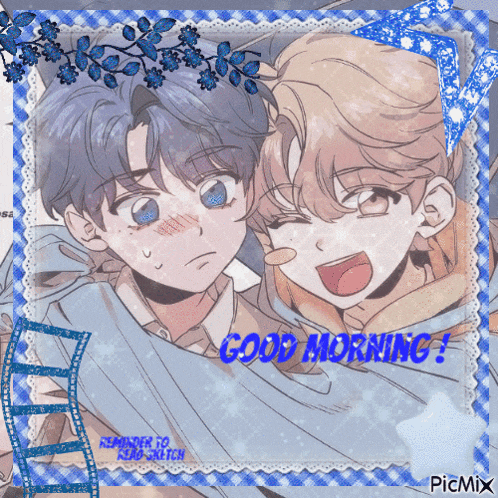 a picture of two anime characters with the words good morning