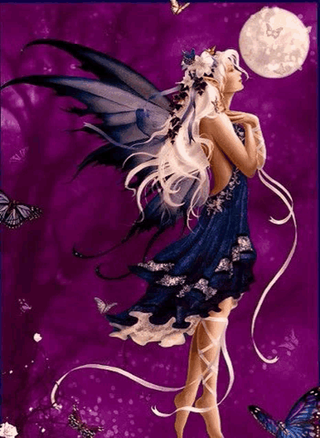 a fairy is standing in front of a full moon surrounded by butterflies on a purple background .