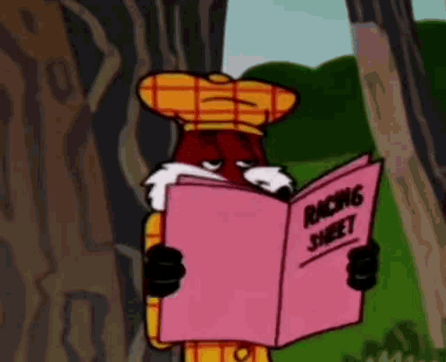 a cartoon character is reading a racing sheet .