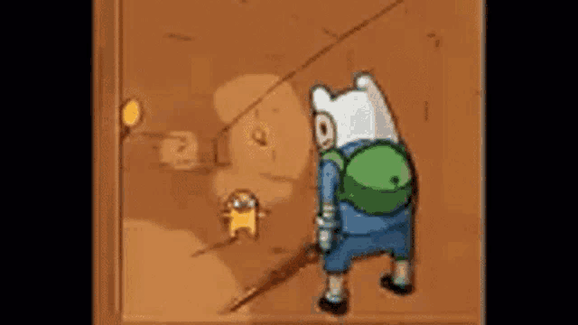 a cartoon character from adventure time is standing in front of a door holding a stick .