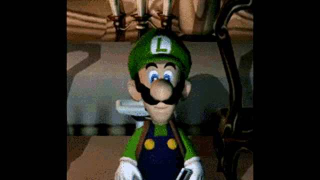 a video game character with the letter l on his hat and overalls
