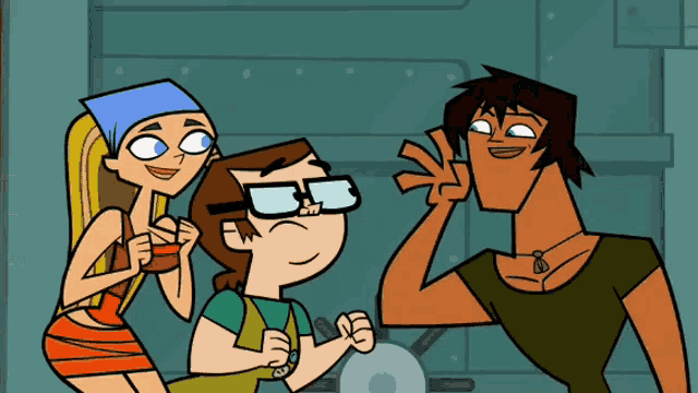 a group of cartoon characters are standing next to each other and one of them has glasses on