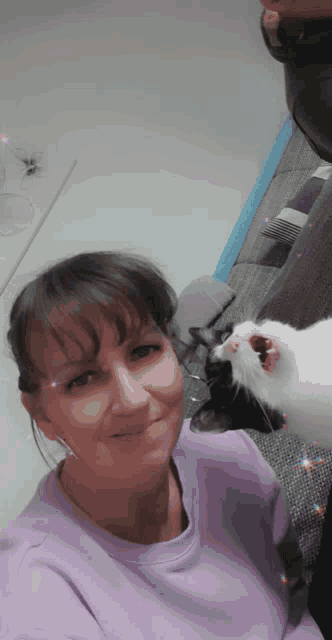 a woman in a purple sweater is holding a white cat