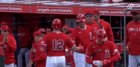 a group of baseball players are standing in the dugout .
