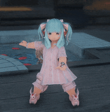 a girl with blue hair is standing on a wooden deck