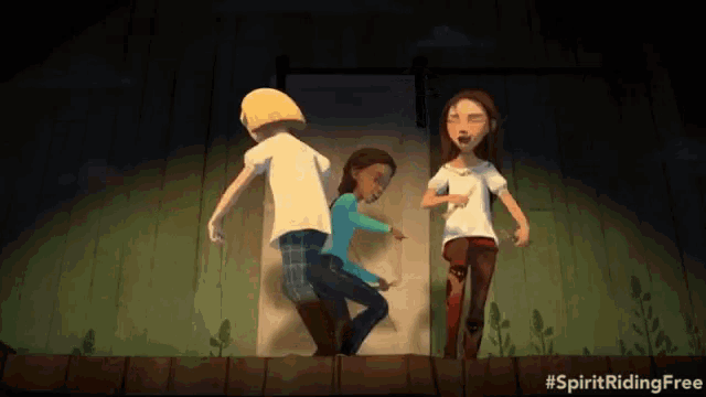 a cartoon of three girls standing next to each other with the hashtag spiritridingfree