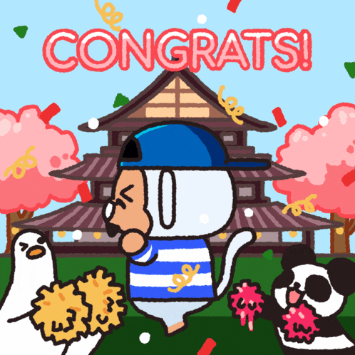 a congratulations graphic with a cartoon character in front of a pagoda