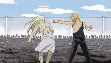 a cartoon of two men fighting in front of a wall