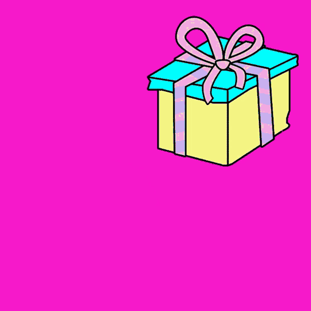 a blue and yellow gift box with a white bow