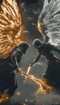 two angels are fighting with swords in the dark