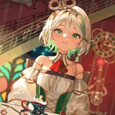 a girl with white hair and green eyes is sitting at a table with a cup of tea on it