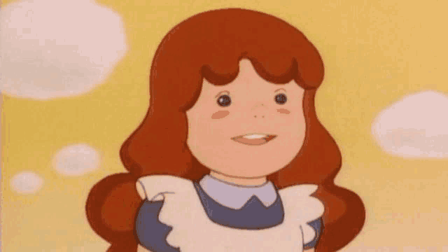 a cartoon girl with red hair and an apron smiles