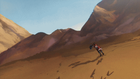 a drawing of a person flying over a desert landscape