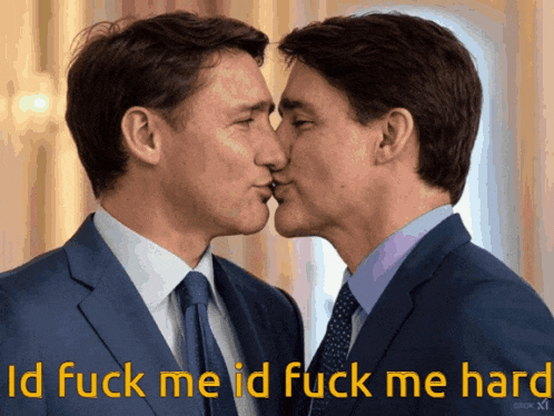 two men in suits kissing with the words id fuck me id fuck me hard below them