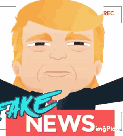 a cartoon drawing of donald trump with the words fake news behind him