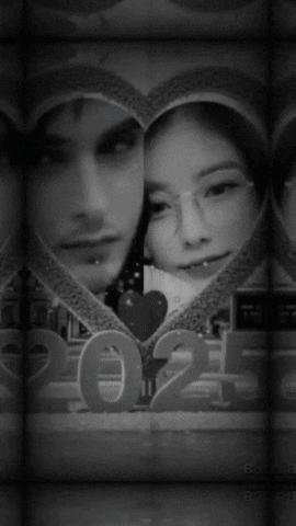 a black and white photo of a man and a woman with the year 2025 behind them