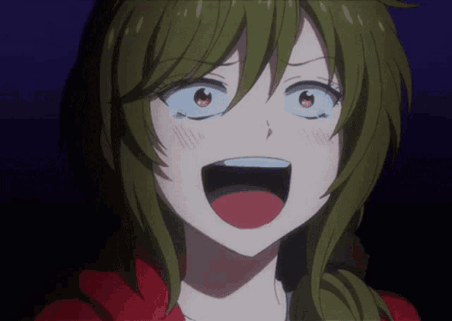 a close up of a anime character with green hair