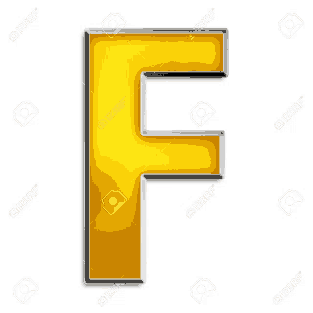 a yellow letter f with a silver border on a white background stock photo
