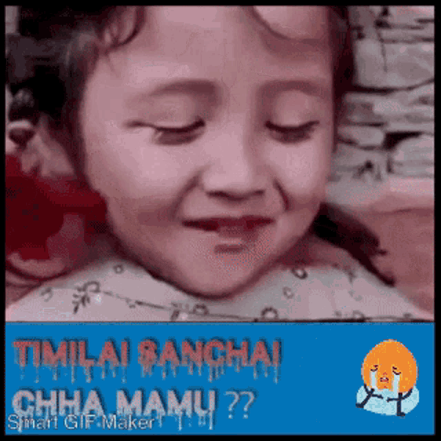 a little girl is smiling with her eyes closed and a sticker that says chha mamu