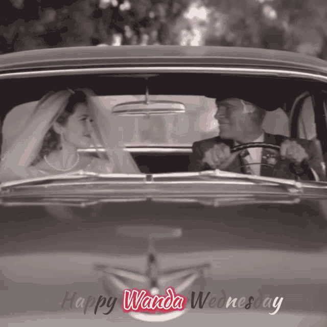 a black and white photo of a bride and groom in a car with the words happy wanda wednesday below them