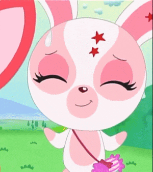 a pink and white cartoon rabbit with two red stars on its forehead
