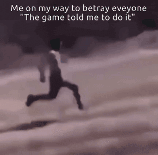 a black and white photo of a person running with a caption that says " me on my way to betray everyone "