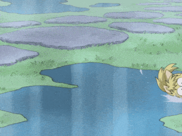 a cat is swimming in a pond with a surprised look on its face