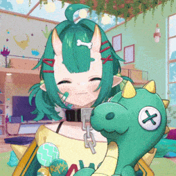 a girl with green hair and horns is holding a stuffed animal with a cross on its face