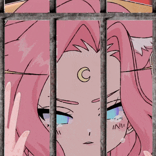 a cartoon girl with a crescent moon on her forehead is behind bars