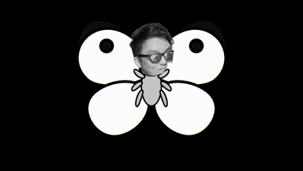 a black and white drawing of a butterfly with a person 's face in the center