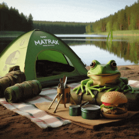 a frog sits on a blanket next to a green matrax tent
