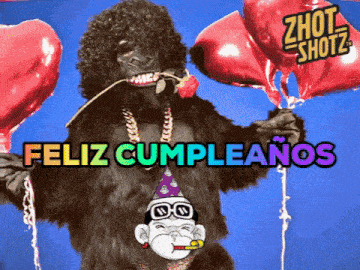 a gorilla holding balloons with the words feliz cumpleanos