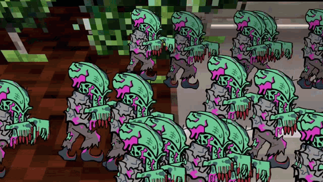 a cartoon drawing of a group of zombies with the letters b and r on their faces