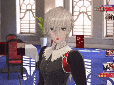 a video game screen shows a character named hakushu as the dealer