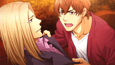 a man in a red jacket is holding another man 's arm
