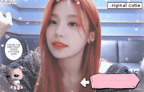 a girl with red hair and a sticker that says original cutie